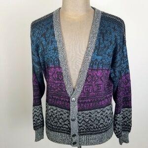Vintage 90s Purple and Teal Printed Cozy Cardigan Grandpa Sweater Size Large